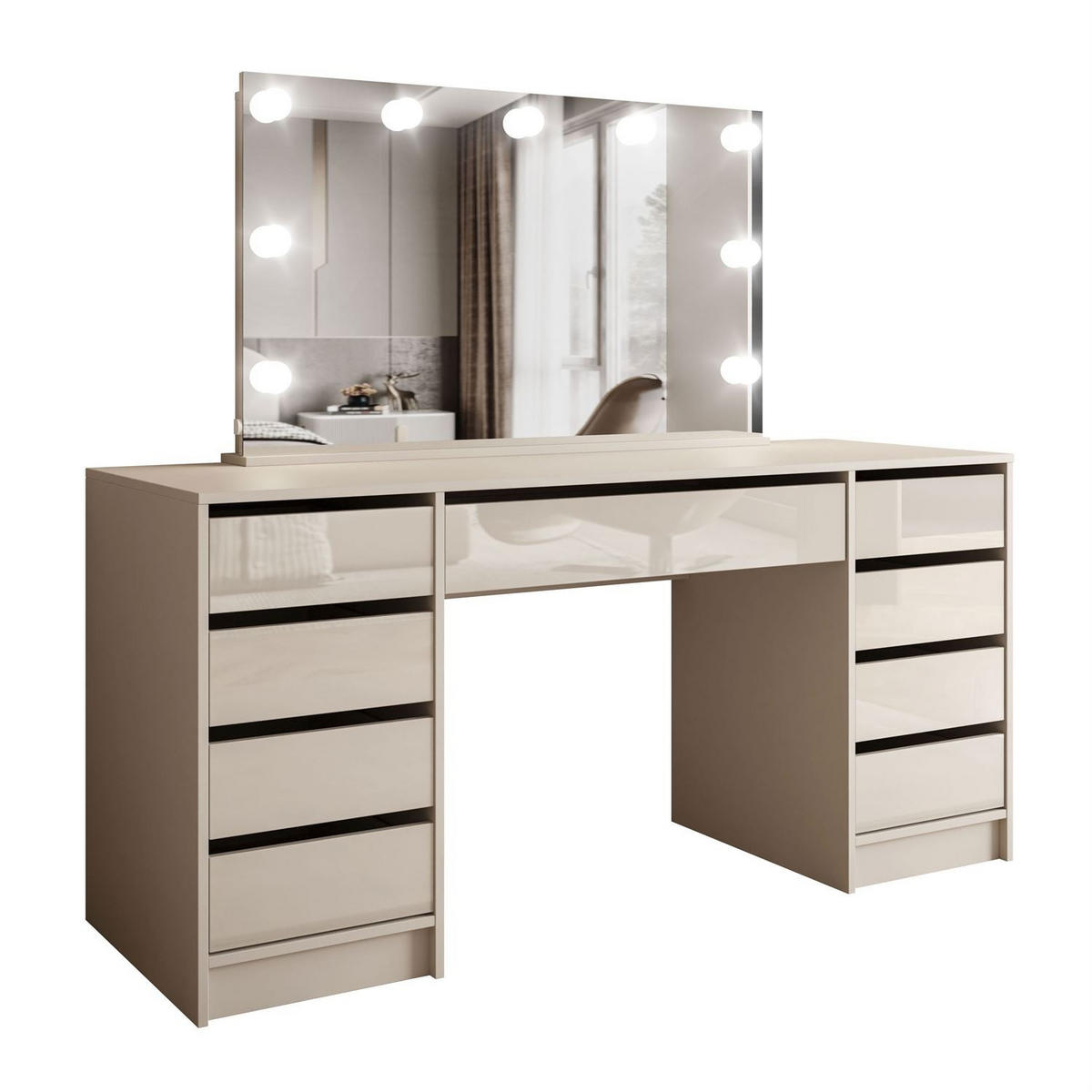 SCHMINKTISCH MADA DOUBLE ELITE mit Spiegel und Beleuchtung, Kaschmir Hochglanz - Kaschmir, Holzwerkstoff (157/75/55cm) - Lookway
