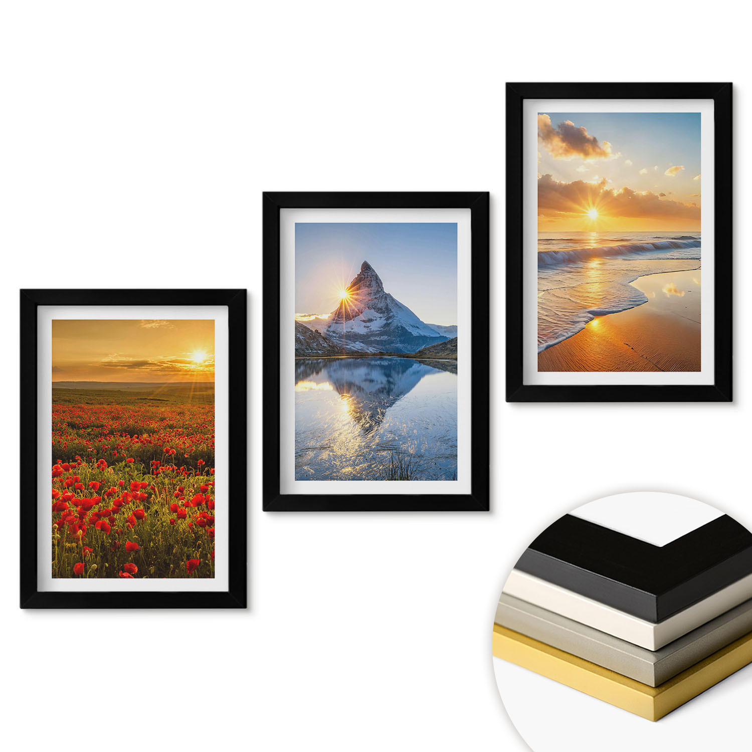 WANDBILDER 3er-Set - 20x30 cm Schwarzer Rahmen - Landschaften aus Bergen und Meeren im Westen - Schwarz, Kunststoff (20/30cm) - ArtPrintCave