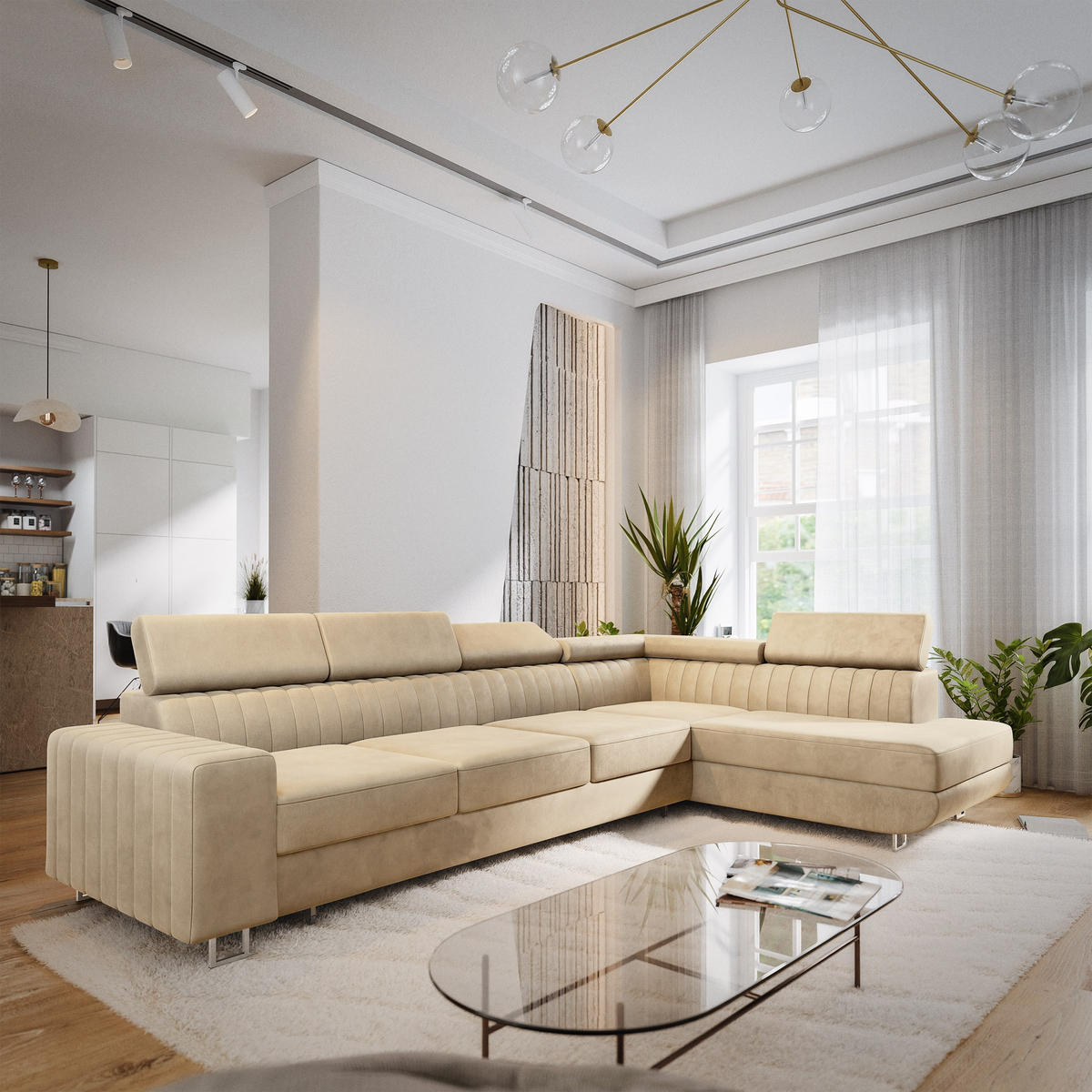 ECKSOFA HESTION Creme Velours-Stoff mit Schlaffunktion - Creme, Holz (332/190cm) - MASSENO