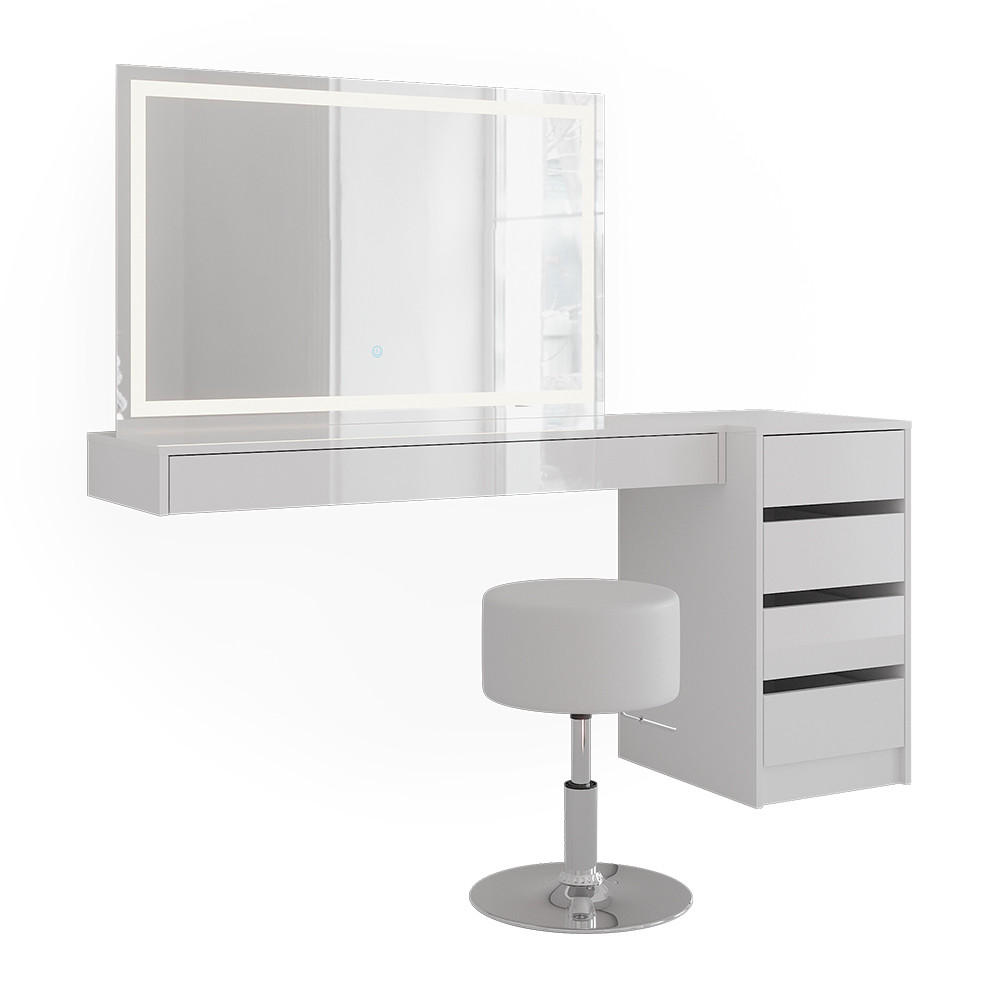MASUTA DE TOALETA Sherry, Alb, 160.2 cm cu oglinda LED, taburet si dulap cu sertare
