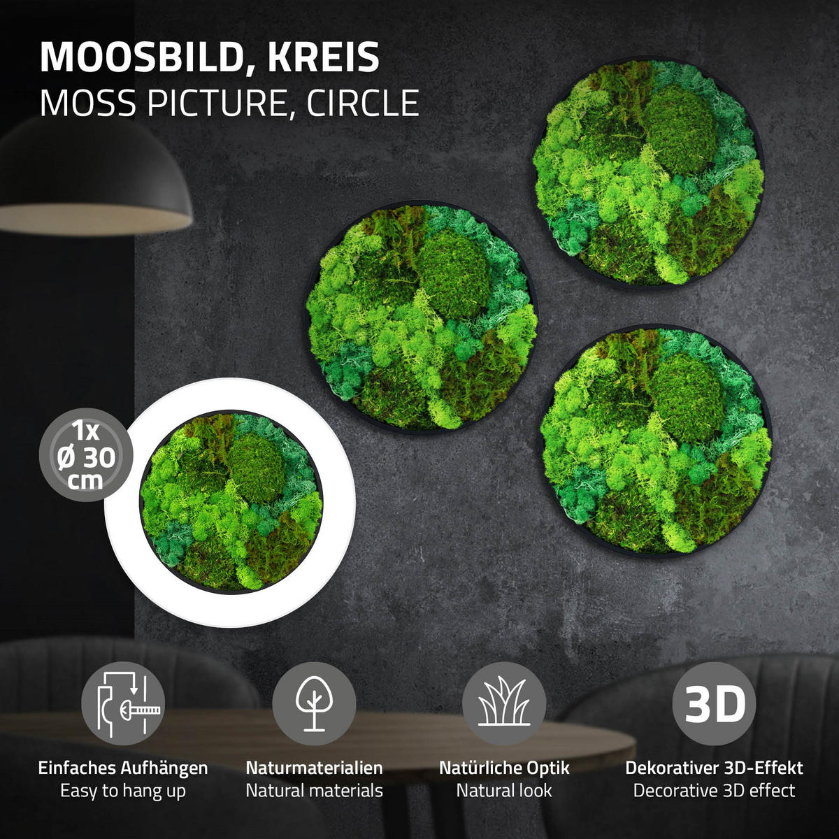 MOOSBILD Rund Ø 30 cm Mooswand Indoor mit echtem Kugelmoos-Islandmoos-Flachmoos-Mix und Holzrahmen Grün - Waldgrün, Naturmaterialien (30/30/3cm) - ECD-Germany