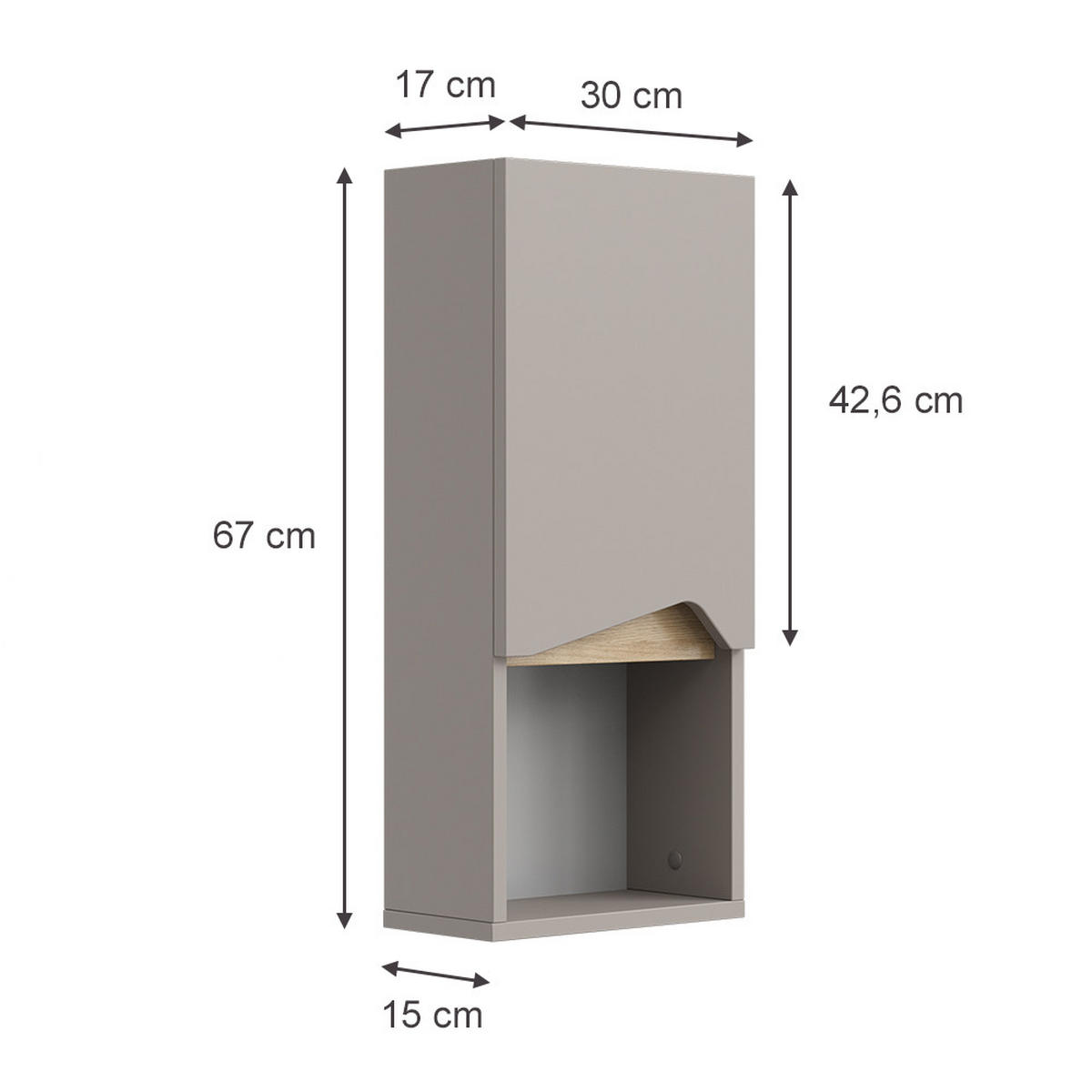 BADSCHRANK Marelle Greige 30 x 67 cm mit Tür und offenem Fach - Greige, Holzwerkstoff (30/67/17cm) - Vicco