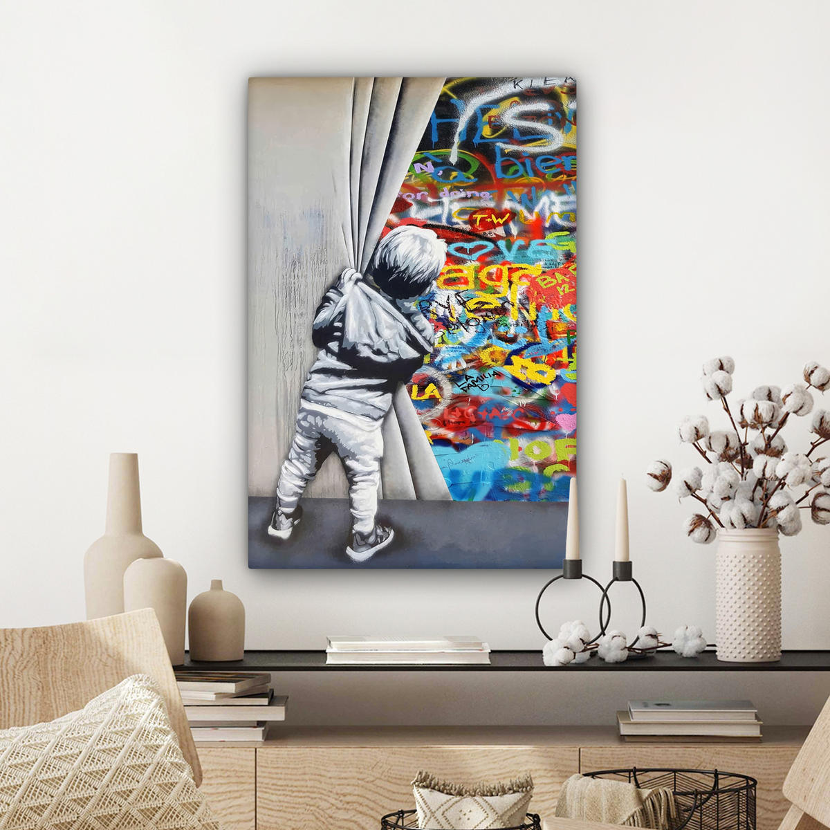LEINWANDBILD Graffiti - Junge - Ilussie - Straßenkunst 60x90 cm - Hellgrau, Textil (60/90cm) - MuchoWow