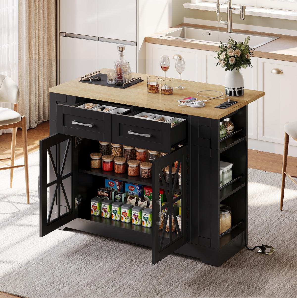KÜCHENINSEL 120/40(65)/92 cm aus MDF mit klappbarer Arbeitsfläche und Steckdosen Schwarz/Natur - Schwarz, Holzwerkstoff (120/92/65cm) - Modenvie
