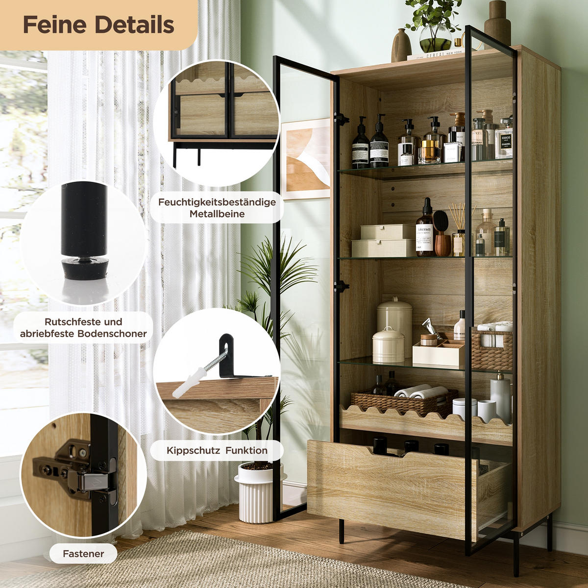 VITRINE in Naturfarben mit Glastür und Schublade für Wohnzimmer, B75/T35/H170,8 cm - Transparent/Naturfarben, Glas/Holzwerkstoff (75/170.8/35cm) - STILVORA