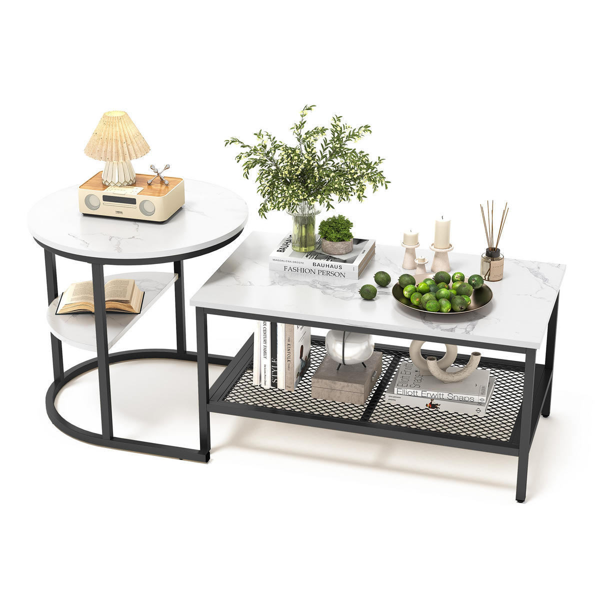 COUCHTISCH 2er Set, Marmoroptik mit Ablage & Metallrahmen, Schwarz + Gold - Schwarz, Holz (112/58/10cm)