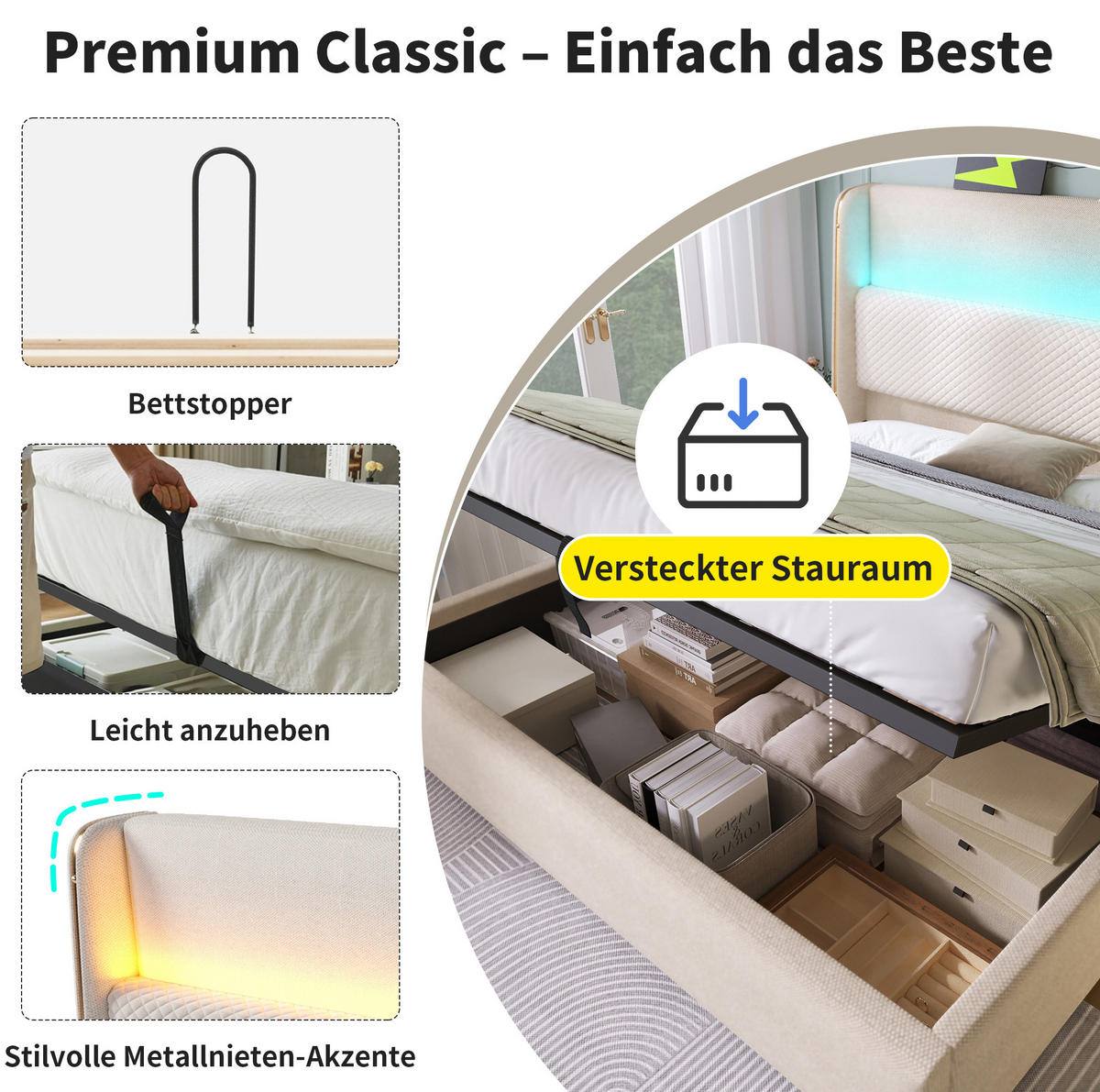 POLSTERBETT 140/200 cm Beige aus Leinen mit Matratze - Beige, Textil (140/200cm) - OKMYHOME