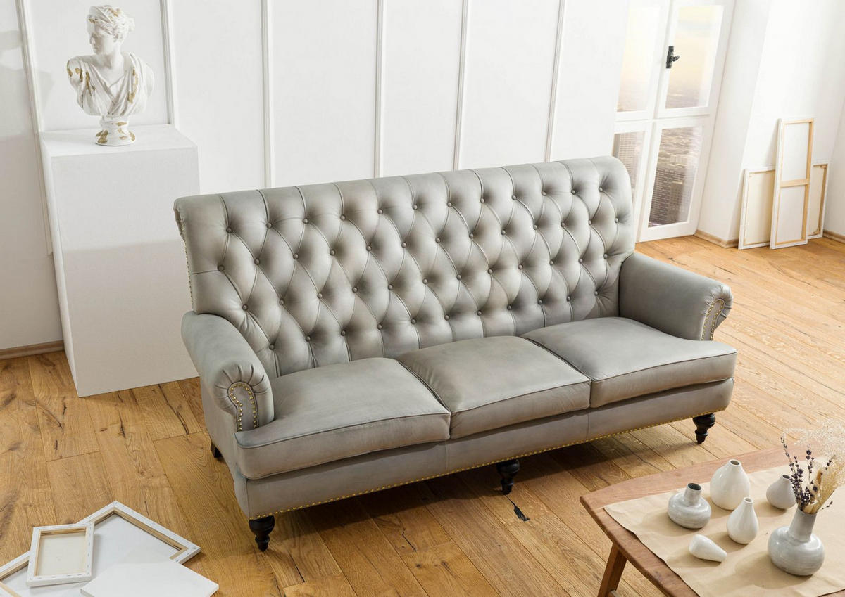 SOFA 3-Sitzer Echtleder 196x84x94 grau CHESTERFIELD #207 - Grau, Leder (196/94/84cm) - Massivmoebel24