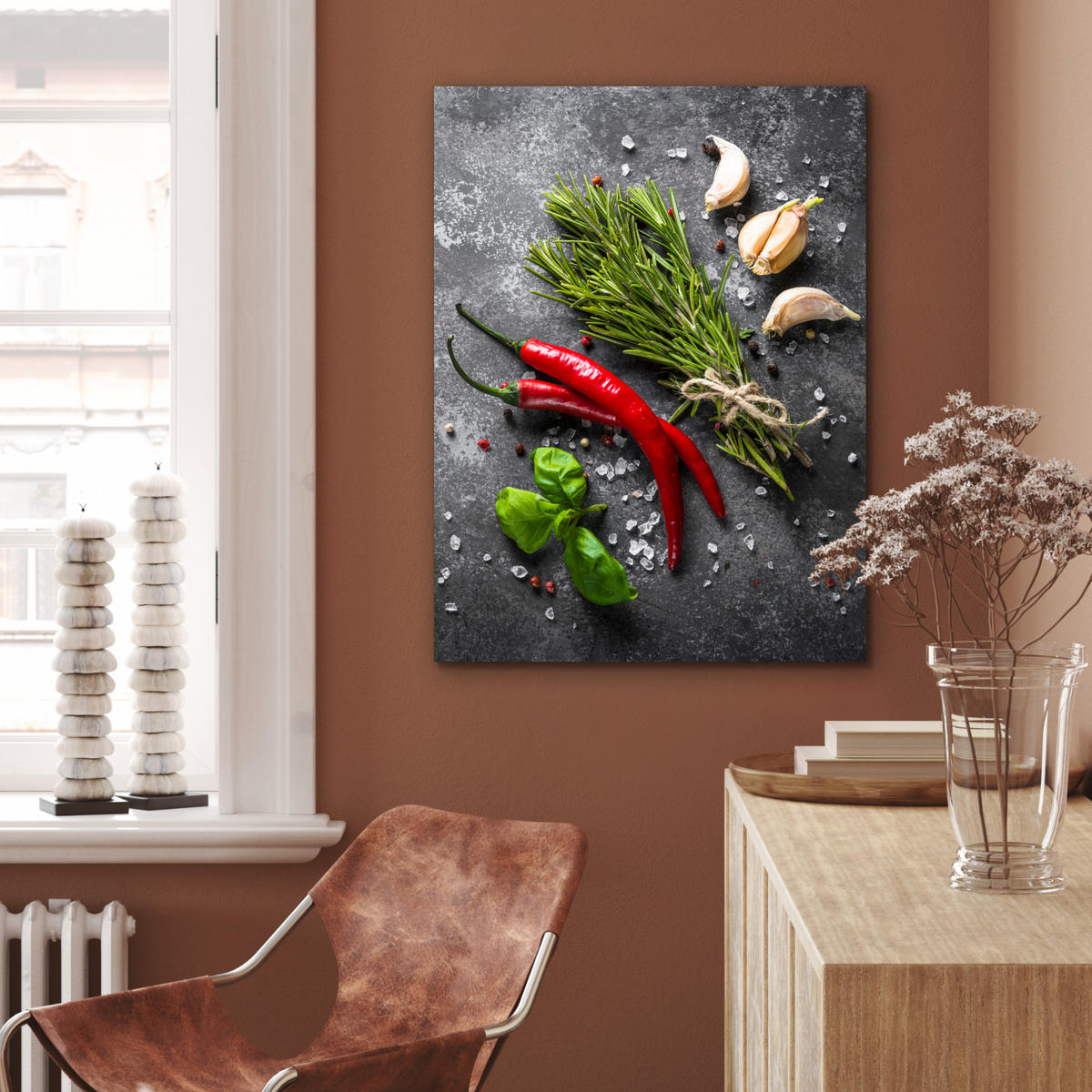 KOVOVÝ OBRAZ Korenie - bylinky - korenie - betón 60x80 cm - tmavosivá, kov (60/80cm) - MuchoWow