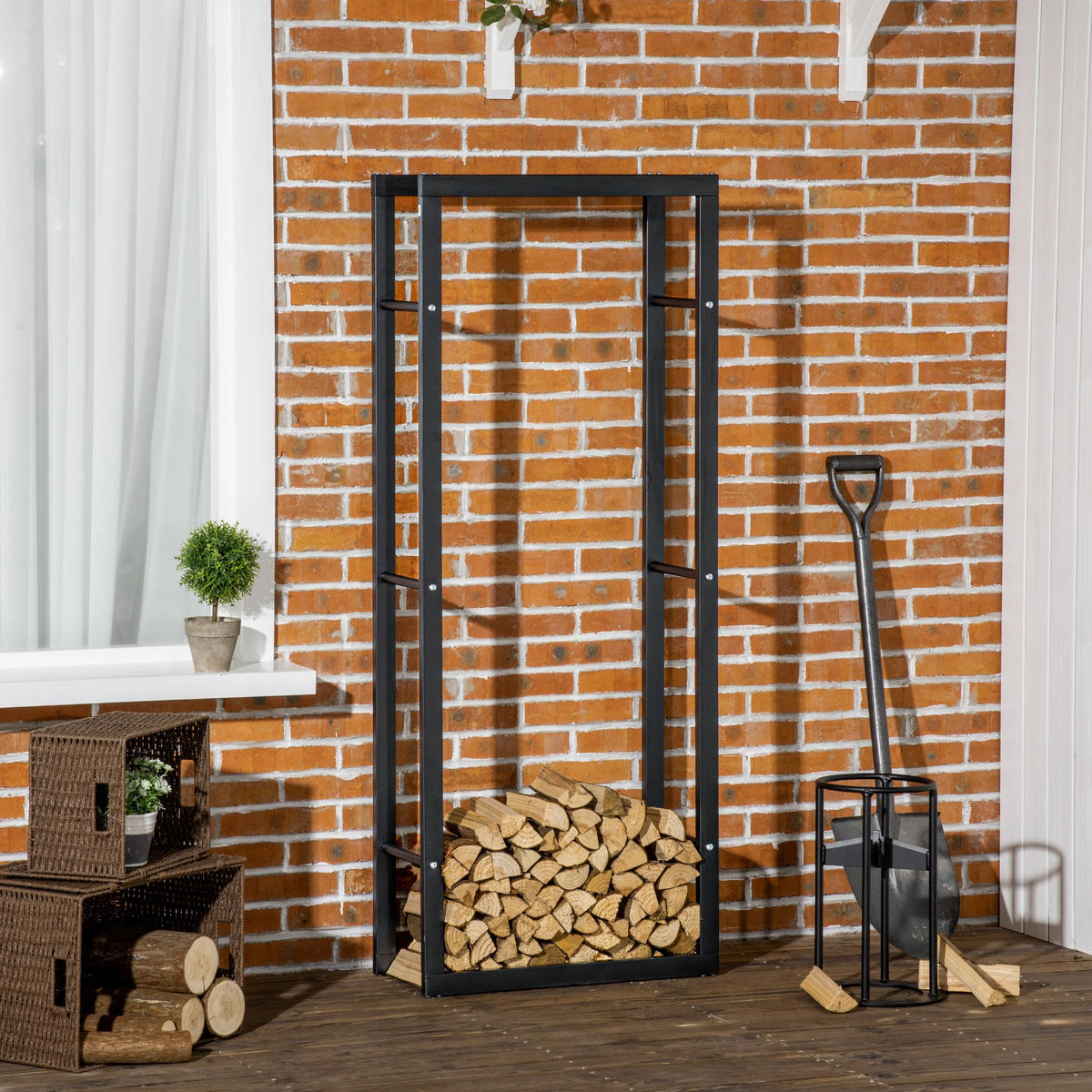 KAMINHOLZREGAL, Stahl, Schwarz, 60L x 25B x 150H cm - Schwarz, Metall (25/150/60cm) - HOMCOM