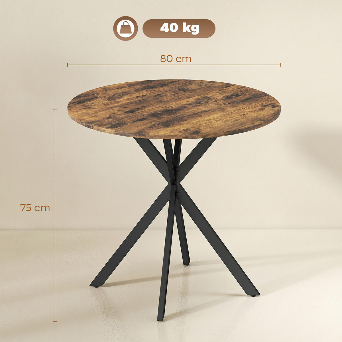 ESSTISCH Rustikalbraun 80/80/75 cm - Schwarz/Braun, Metall (80/80/75cm) - PANGIVO