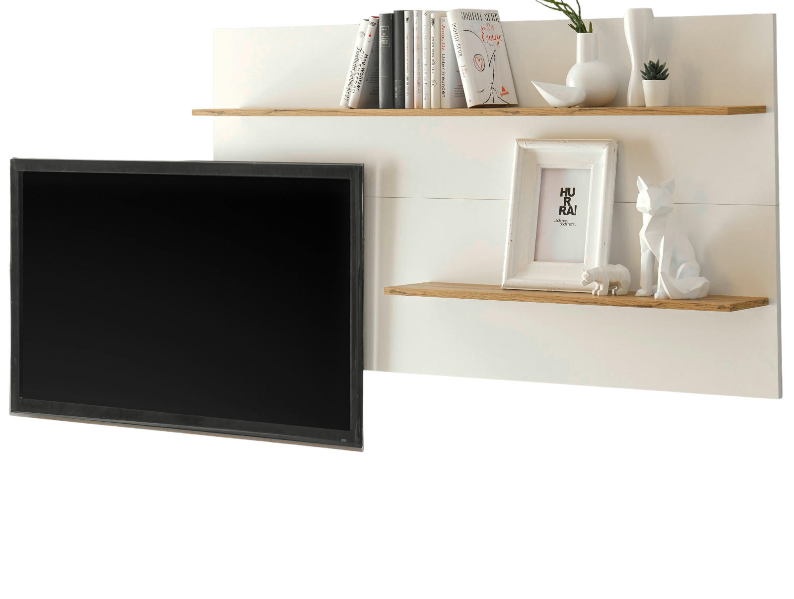 WANDREGAL weiß, Eiche Wotan 155 cm, Wandpaneel mit 2 variablen Regalböden - Eiche Wotan/Weiß, Holzwerkstoff/Metall (155/80/20cm) - Furn.Design