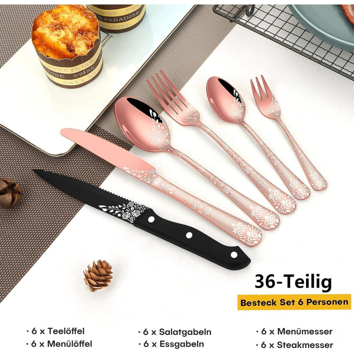 BESTECKSET 36-teilig Roségold für 6 Personen mit Blumenmuster - Rot, Metall