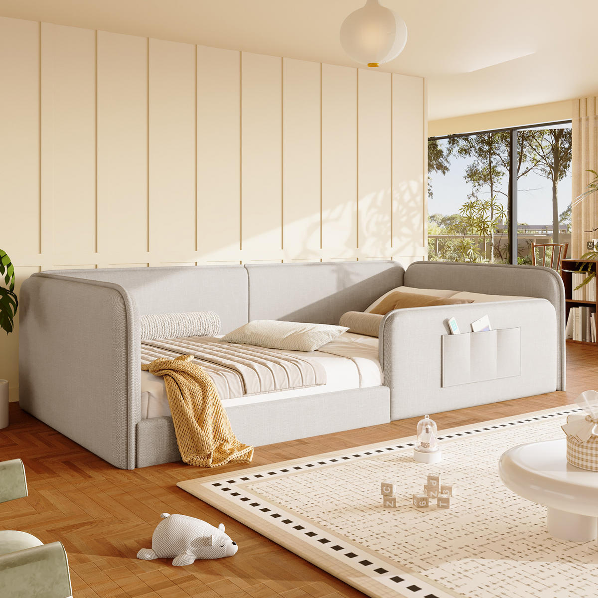 POLSTERBETT 90/200 cm in Beige mit Rundum-Sicherheitsrahmen, Schaumstoffpolsterung und Aufbewahrungstaschen aus Leinen - Beige, Holzwerkstoff/Textil (90/200cm) - STILVORA