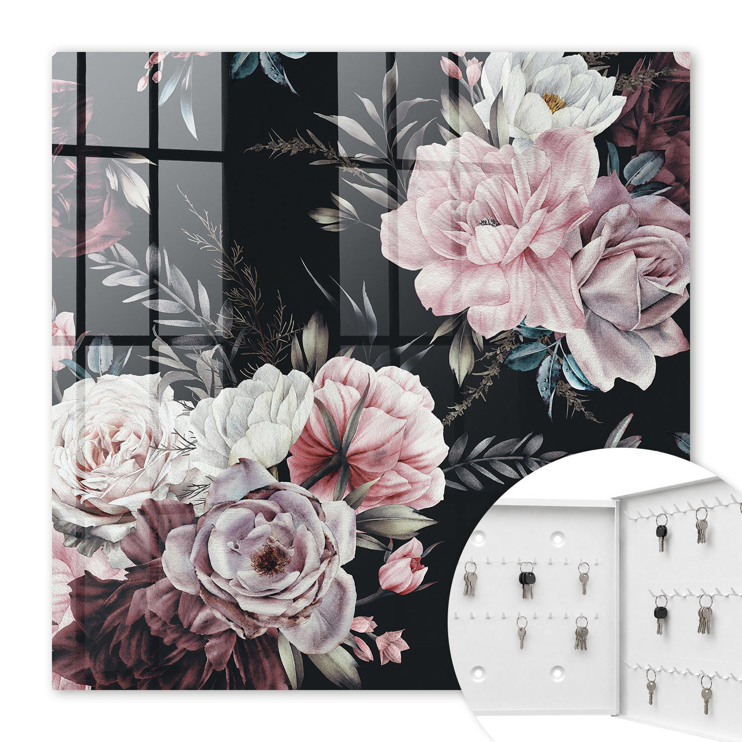 SCHLÜSSELBOX Weiß 30x30 cm – Türöffnung nach rechts - Blumenzauber - Pink, Metall (30/30/5cm) - TULUP