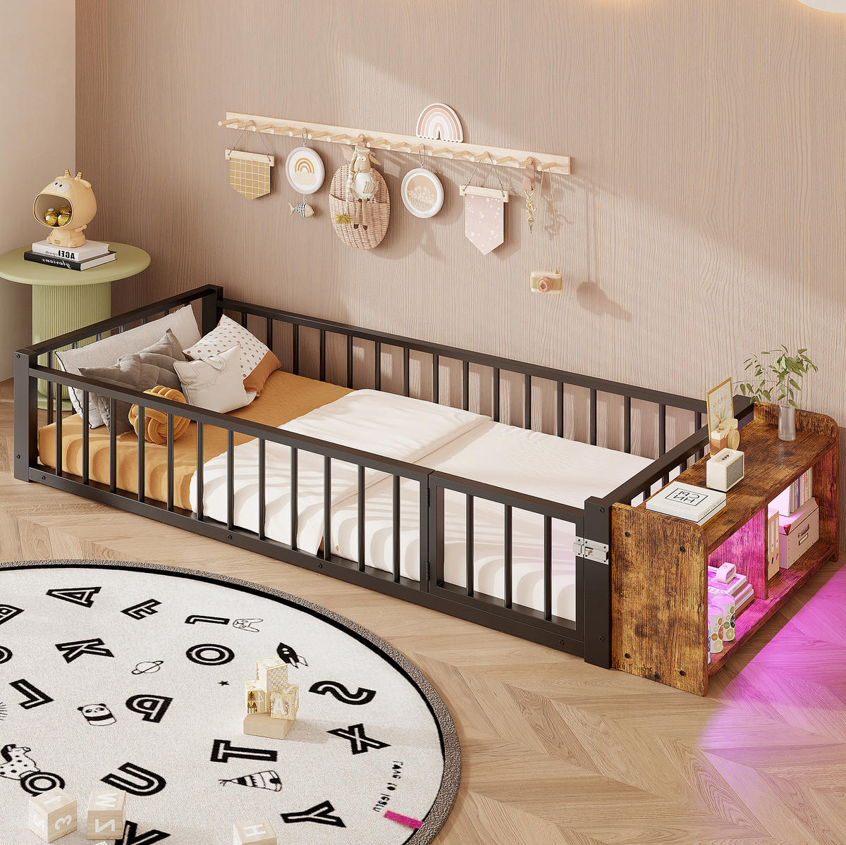 KINDERBETT aus Metall und MDF 90x200 cm Schwarz mit Schutzgeländer, offenem Staufach und LED-Beleuchtung - Schwarz, Holzwerkstoff (90/200cm) - Modfu