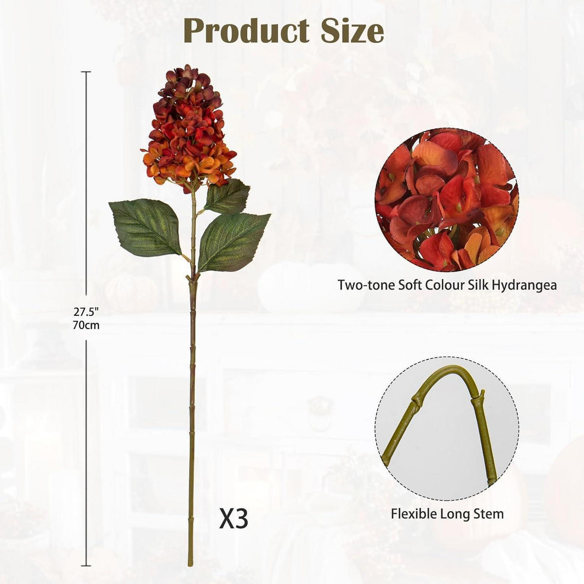 KUNSTBLUME Hortensie 3er Set Orange 73 cm - Multicolor, Textil (70cm)