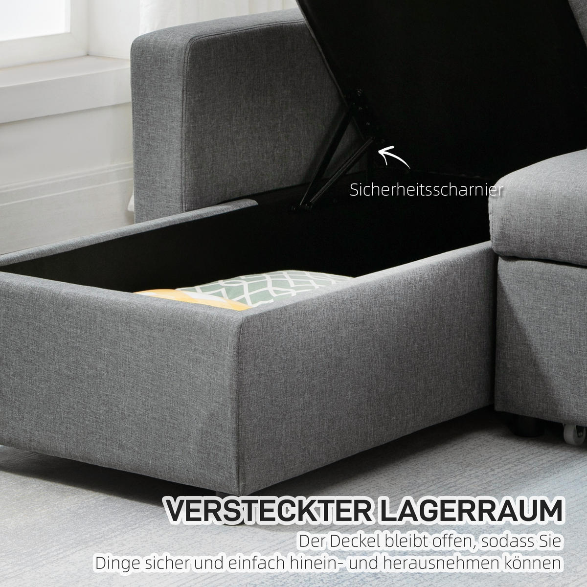 ECKSOFA mit Schlaffunktion Stauraum Eckcouch mit Chaiselongue Schlafsofa L-Form - Hellgrau/Schwarz, Kunststoff/Textil (146/211.5cm) - HOMCOM