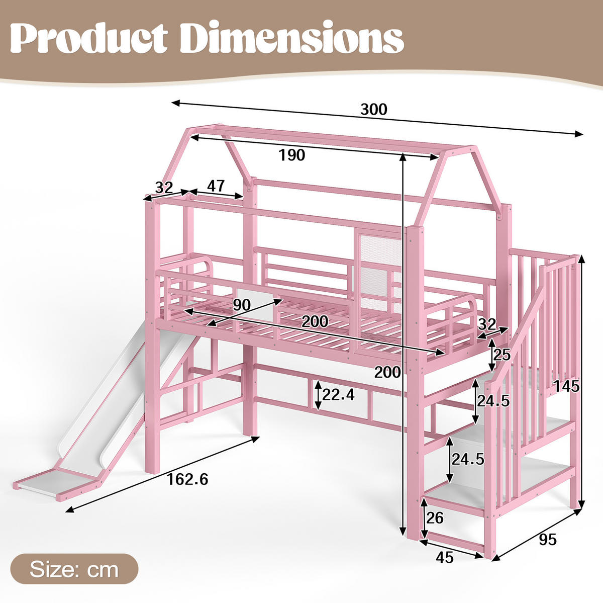 KINDERHOCHBETT MDF & Metall 90x200 cm Pink mit Rutsche, Treppe und LED-Beleuchtung im Hausdesign - Pink, Holzwerkstoff (90/200cm) - Modfu