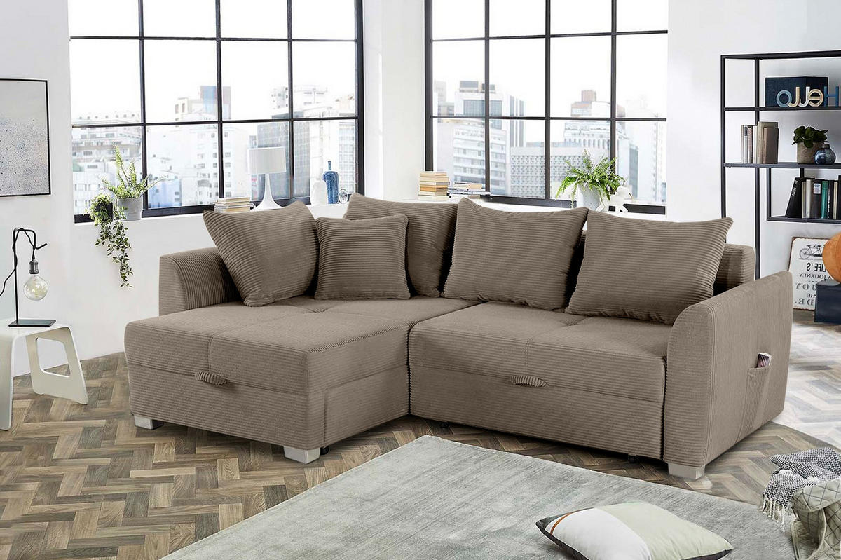 ECKSOFA mit Schlaffunktion und Bettkasten, seitenverkehrt montierbar B236/T160/H81 cm, Liegefl. 142x202 cm, Cord Braun Taupe / 15208 - Taupe/Chromfarben, Kunststoff/Textil (236/160cm) - luma-home