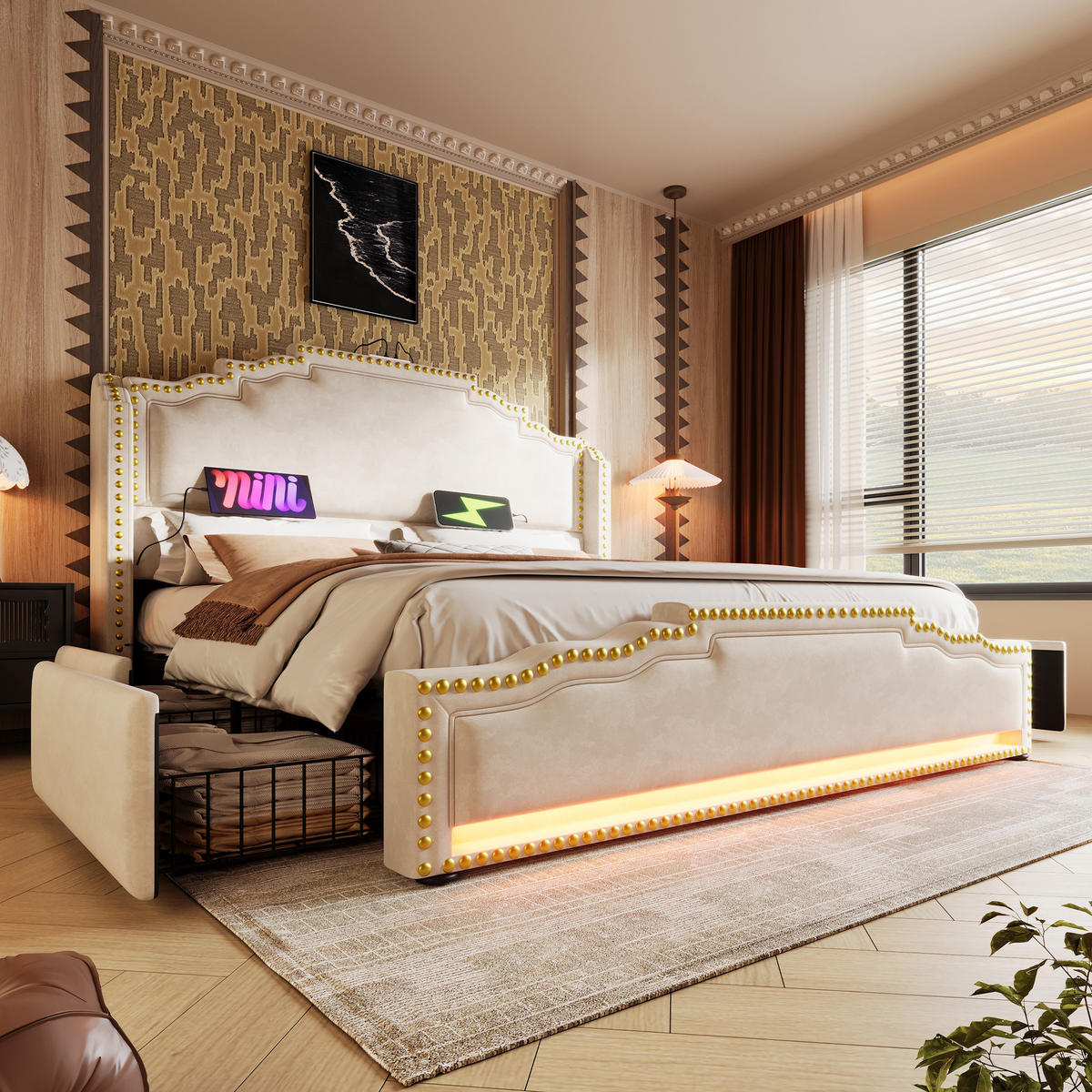 BETT mit 4 Schubladen 180x200 cm Samt Beige mit LED und USB-C - Beige, Metall (180/200cm) - Meubliv