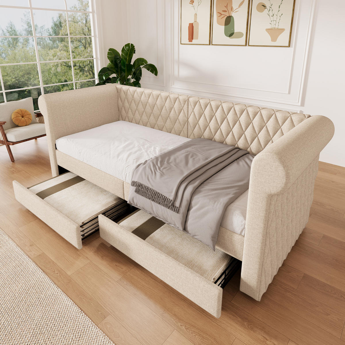 POLSTERBETT 90/200 cm Beige aus Leinen mit 2 Schubladen - Beige, Textil (90/200cm) - OKMYHOME