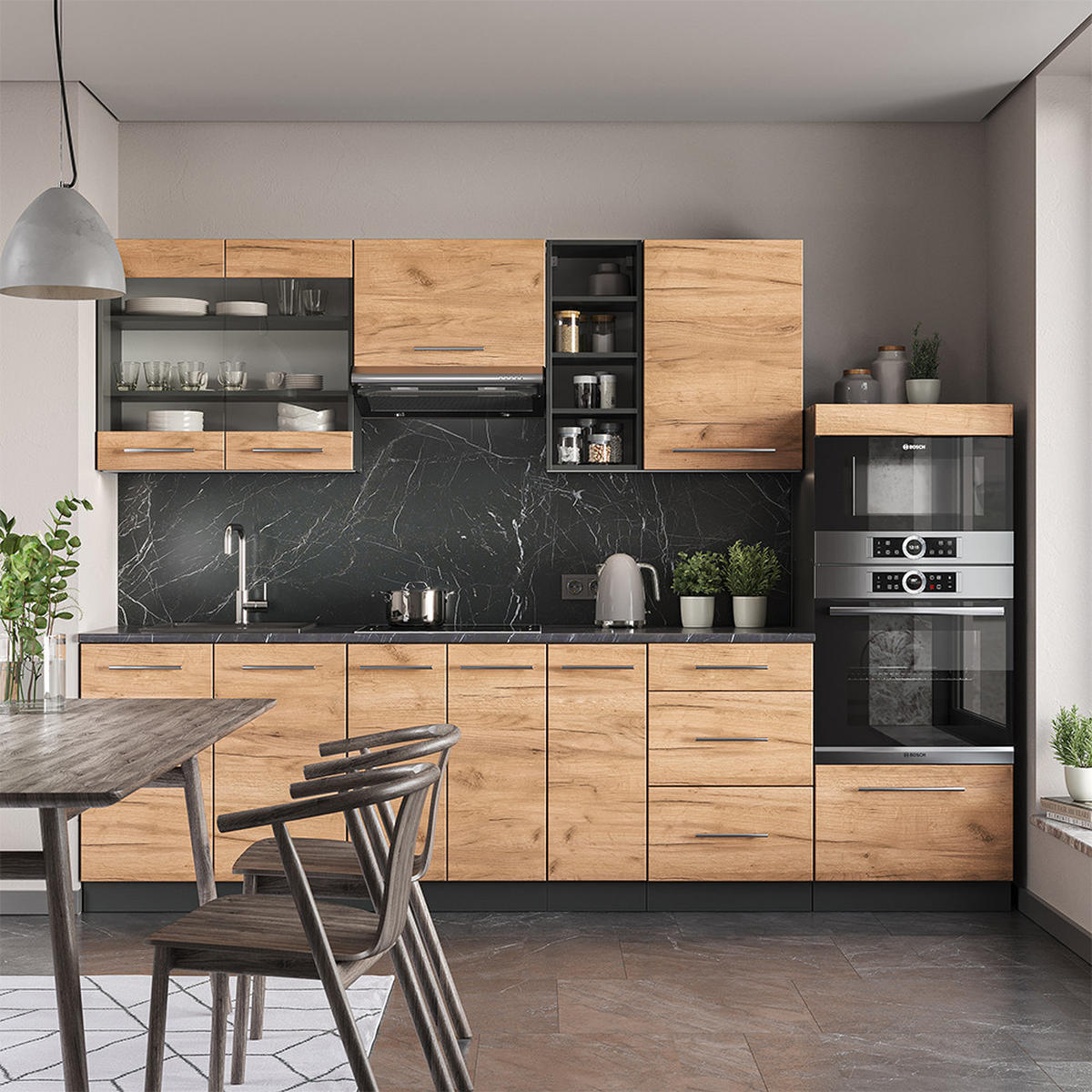 KÜCHENZEILE Fame-Line Goldkraft Eiche/Anthrazit 280 cm, AP Marmor - Anthrazit/Eiche Wotan, Holzwerkstoff (280/81.6/60cm) - Vicco
