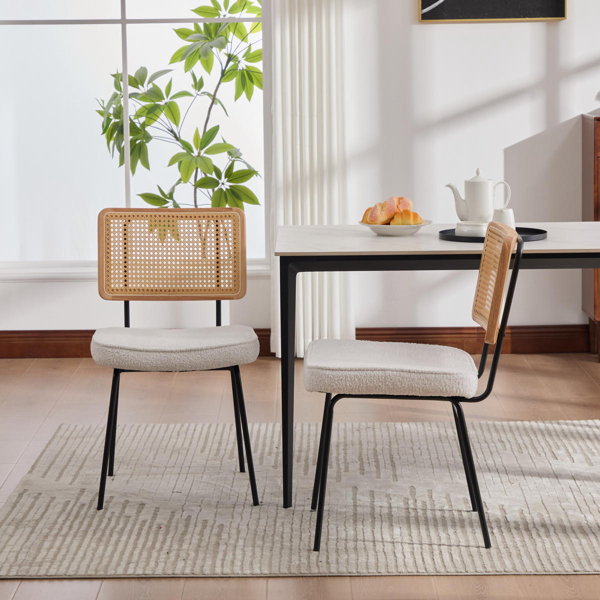 STUHL-SET DE-36881 2 Stück mit Chenille-Polsterung und Rattan-Optik Elfenbein - Creme, Metall (58/82/47cm) - ComfortXL