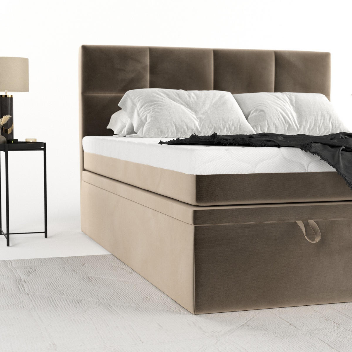 BOXBETT Tessa 180/200 cm Taupe im Paros Stoff - Taupe/Schwarz, Holz/Holzwerkstoff (180/200cm) - AltaBeds