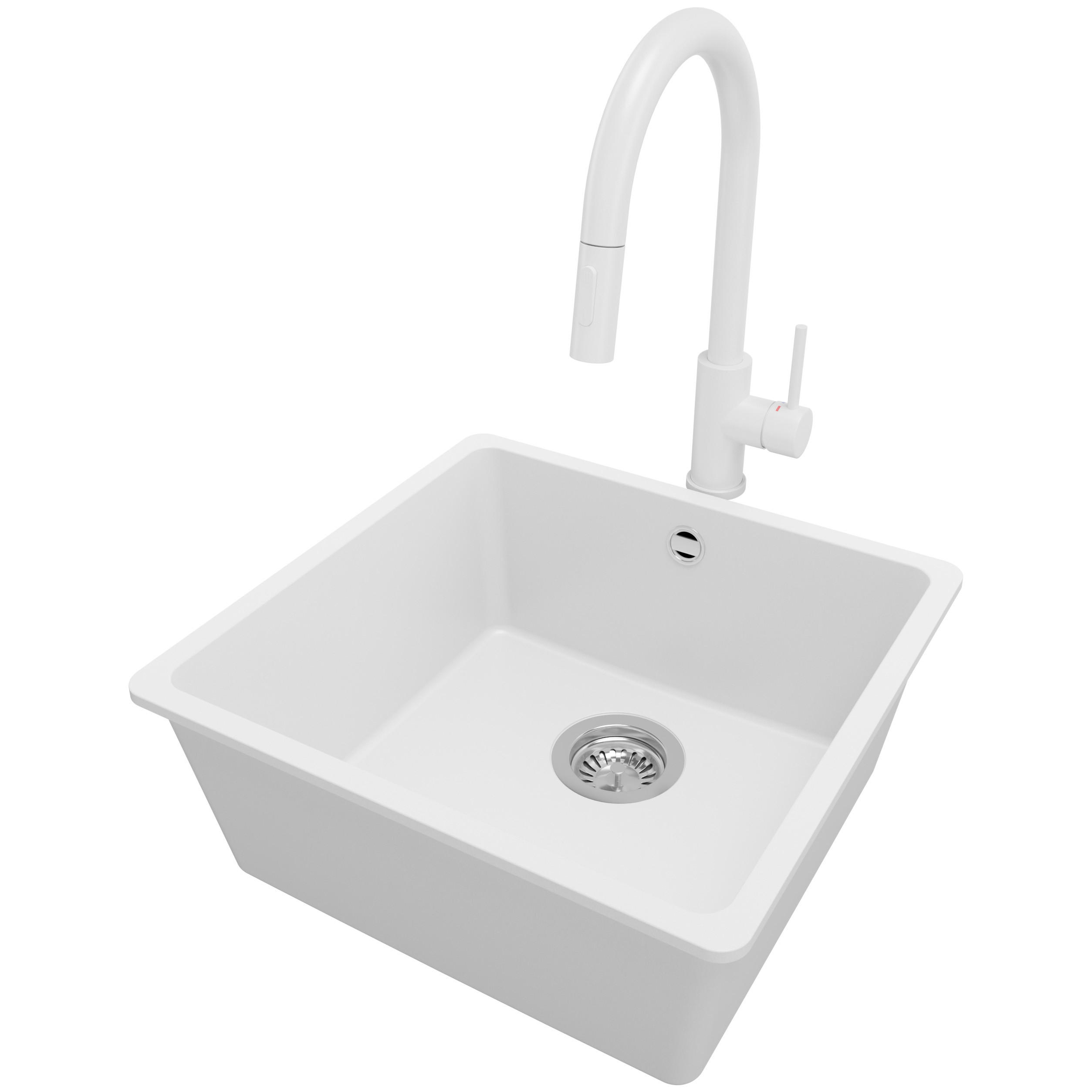 GRANITSPÜLE Venedig Slim Easy, 2-er set Weiß 46/44 cm 1 Becken + Küchenarmatur 40/20 cm + Ablauf-Set ab 50er Unterschrank - Chromfarben/Weiß, Kunststoff (46/20/44cm) - Primagran