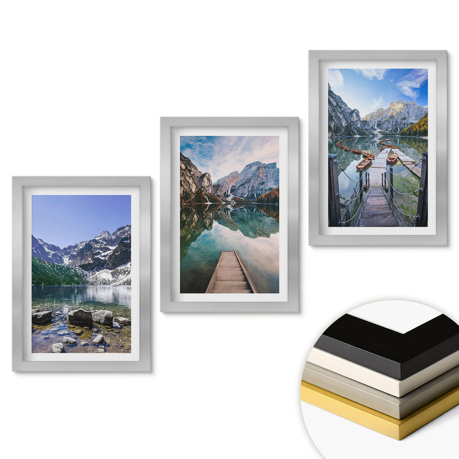 WANDBILDER 3er Set - 20x30 cm Silberner Rahmen - Berge, Seen, Holzstege - Silberfarben, Kunststoff (20/30cm) - ArtPrintCave