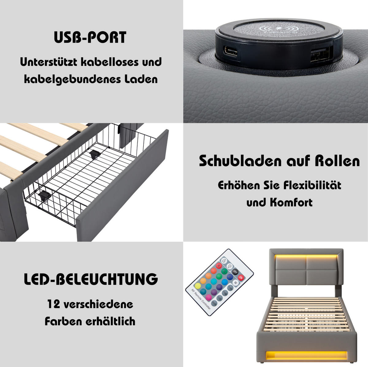 POLSTERBETT aus PU 90x200 cm Grau mit LED-Beleuchtung, USB-Ladefunktion und 4 Schubladen - Grau, Leder (90/200cm) - IVMEU