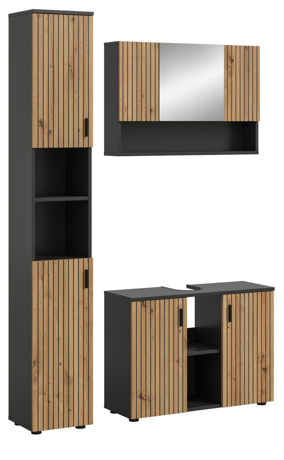 BADMÖBEL-SET Eiche, grau mit Rillen, Kombination 3-teilig 125 cm, Livia - Schwarz/Eiche Artisan, Glas/Holzwerkstoff (125/192/30cm) - Inn.Furn