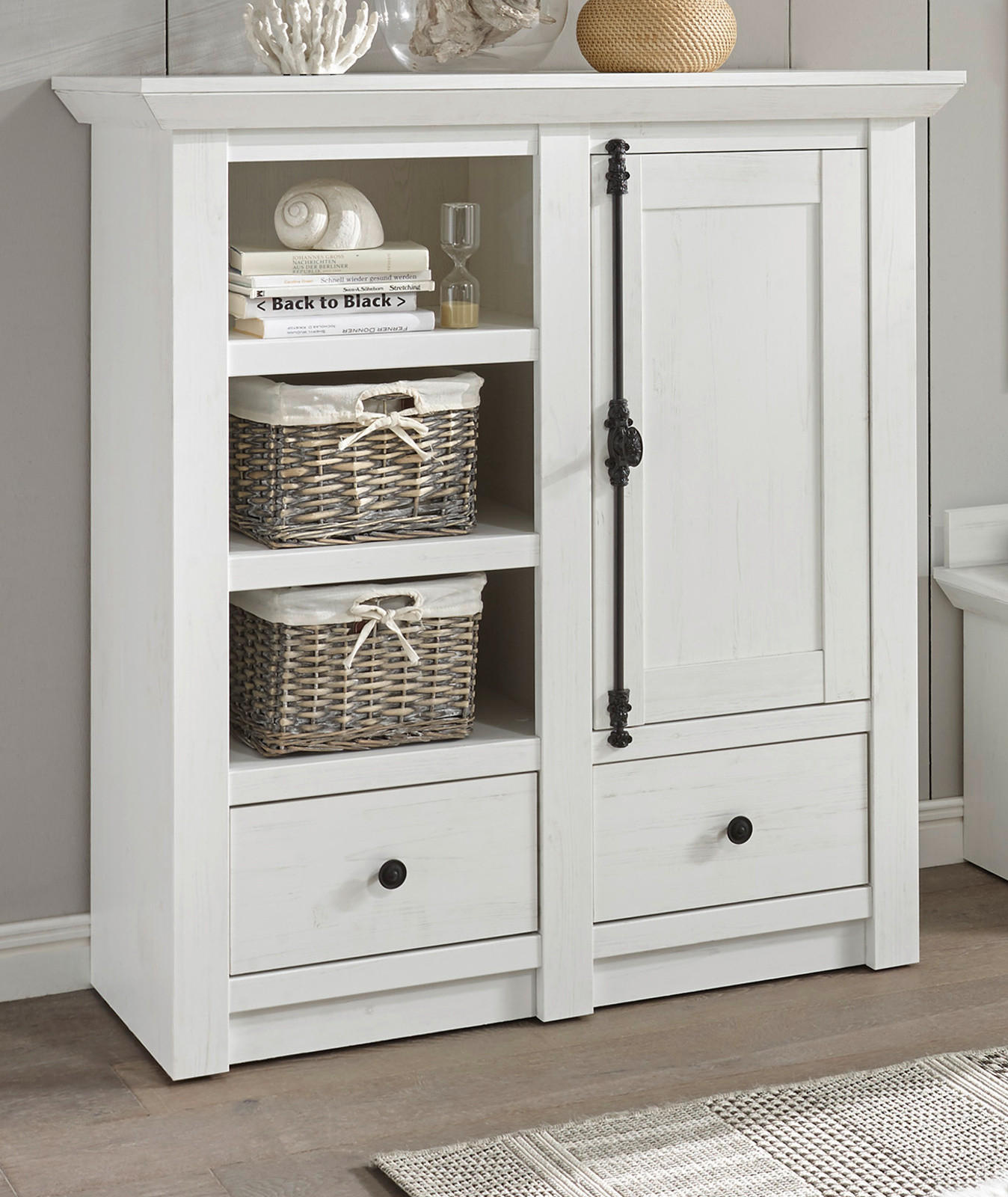 KOMMODE Pinie weiß 105 x 115 cm, Flurkommode Landhaus - Schwarz/Weiß, Holzwerkstoff/Metall (105/115/45cm) - Furn.Design