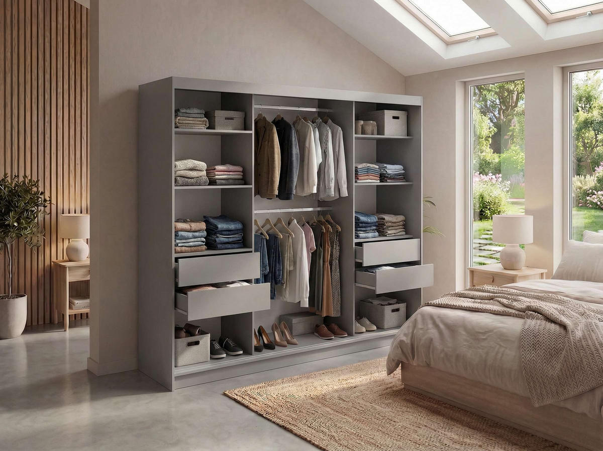 SCHWEBETÜRENSCHRANK mit Spiegel und Schubladen - WALENCJA - 240 - Grau lacobel - Alufarben/Grau, Holzwerkstoff/Metall (240/216/61cm) - MKS