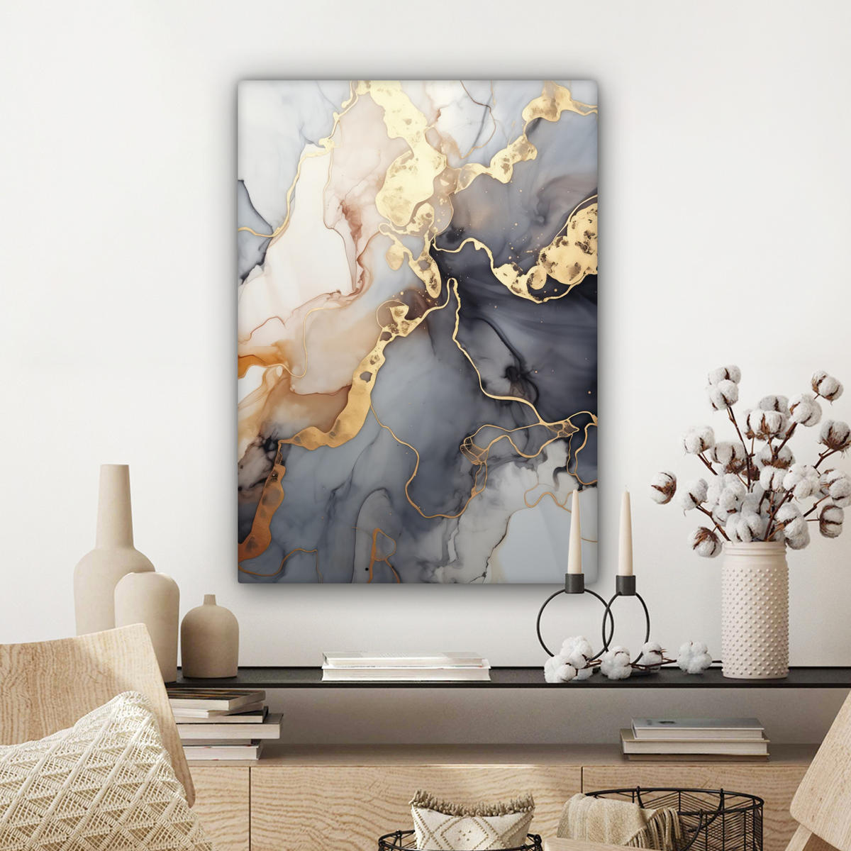 LEINWANDBILD Marmor - Schwarz - Gold - Weiß 60x80 cm - Dunkelgrau, Textil (60/80cm) - MuchoWow