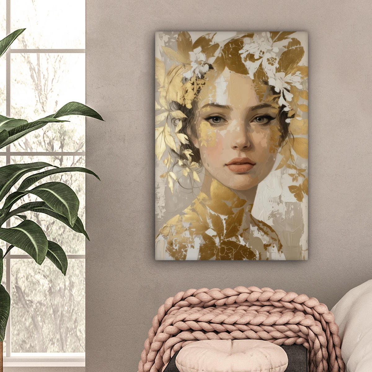 LEINWANDBILD Gesicht - Frau - Blätter - Gold Wanddeko Schlafzimmer 60x90 cm - Beige, Textil (60/90cm) - MuchoWow