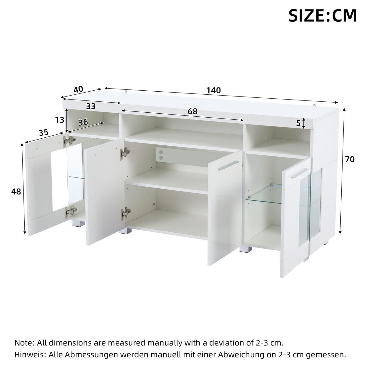 SIDEBOARD aus MDF 140x40x70 cm Weiß mit LED-Beleuchtung, Hochglanzfront und Türen aus gehärtetem Glas - Weiß, Holzwerkstoff (140/70/40cm) - Modfu