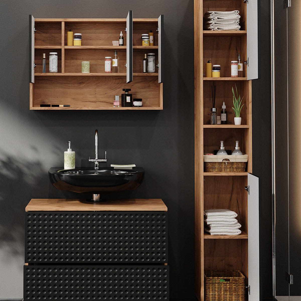 BADMÖBEL-SET Irma Anthrazit gepunktet 3 Teile mit Spiegelschrank 80 cm - Honigeiche/Anthrazit, Holzwerkstoff (80/58.6/41cm) - Vicco