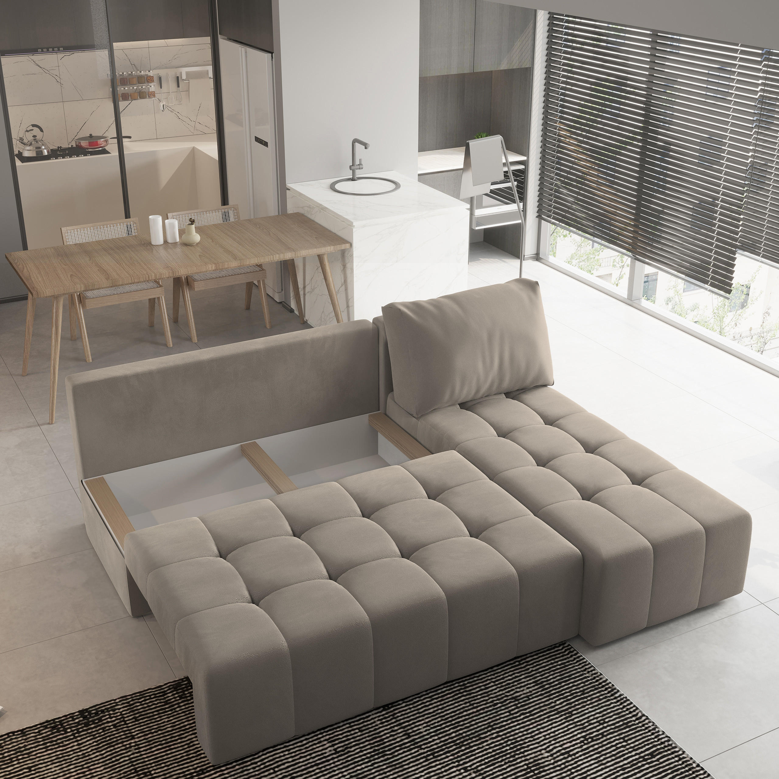 Thumbnail - Masseno Ecksofa, Beige, Holz, 3-Sitzer, L-Form,L-Form, 200x141 cm, Wohnzimmer, Sofas & Couches, Wohnlandschaften, Ecksof...
