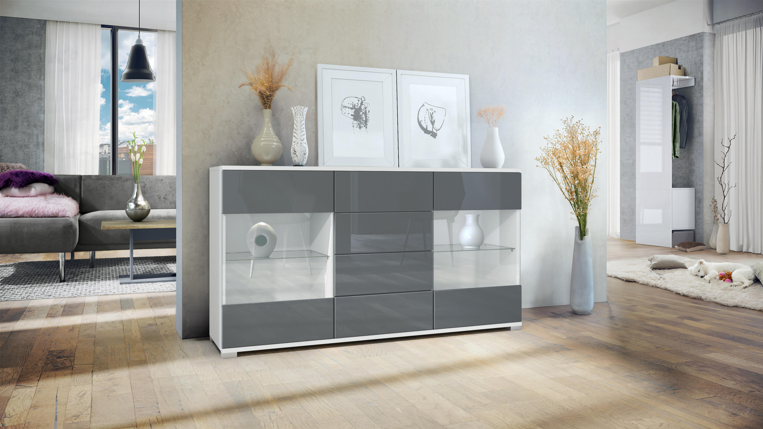 SIDEBOARD Bari Grau Hochglanz - Grau, Holzwerkstoff (138.5/75.5/35cm) - Vladon