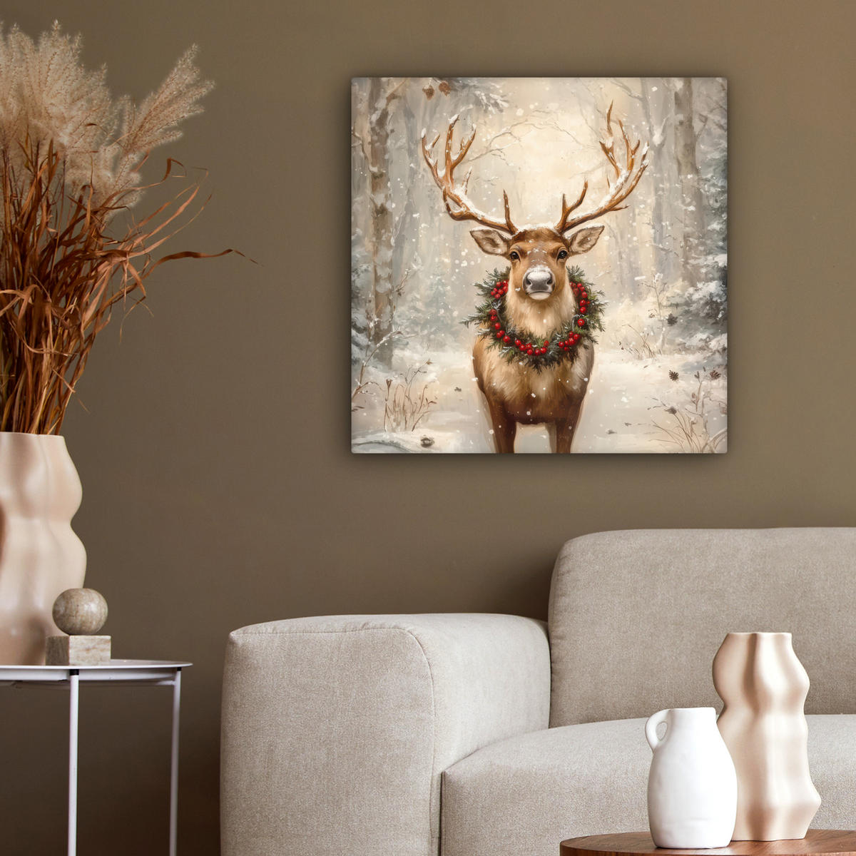 LEINWANDBILD Weihnachten - Rentier - Winter - Kranz 50x50 cm - Naturfarben, Textil (50/50cm) - MuchoWow