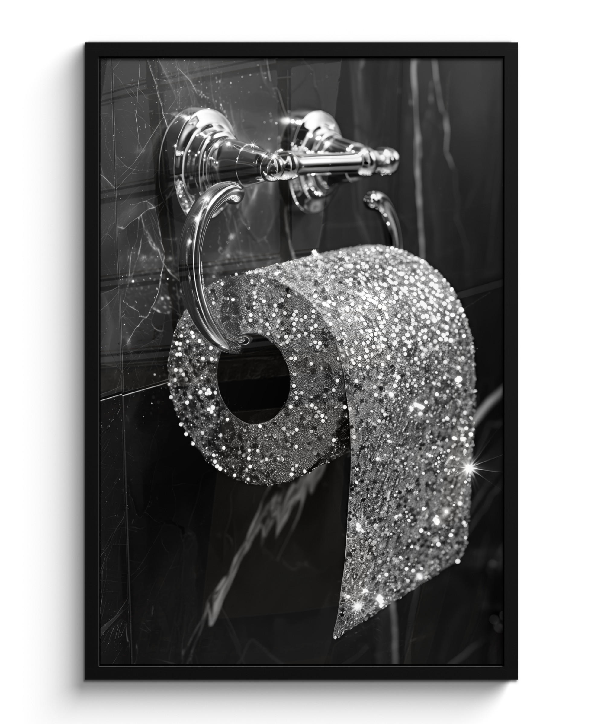 POSTER MIT RAHMEN WC - Toilettenpapier - Schwarz und weiß - Glitter 60x90 cm - Silberfarben, Papier (60/90cm) - MuchoWow