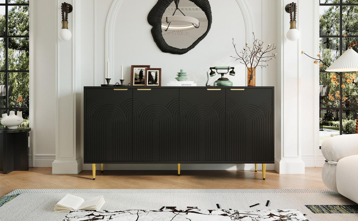 SIDEBOARD 160x40x80 cm mit 4 Türen und Hochglanzbeinen, Schwarz - Schwarz, Holz (160/80/40cm)