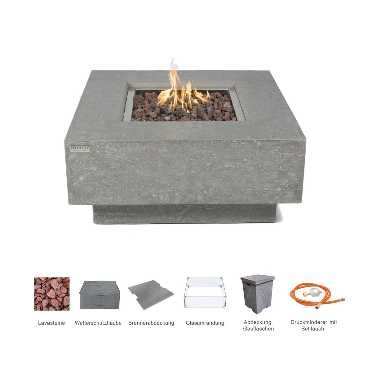 FEUERTISCH Manhattan Gasfeuerstelle aus GF-Beton - 4-tlg. Set inkl. Glasumrandung, Brennerabdeckung und Gasflaschen-Abdeckung - Hellgrau, Naturmaterialien (91/40/91cm) - Elementi