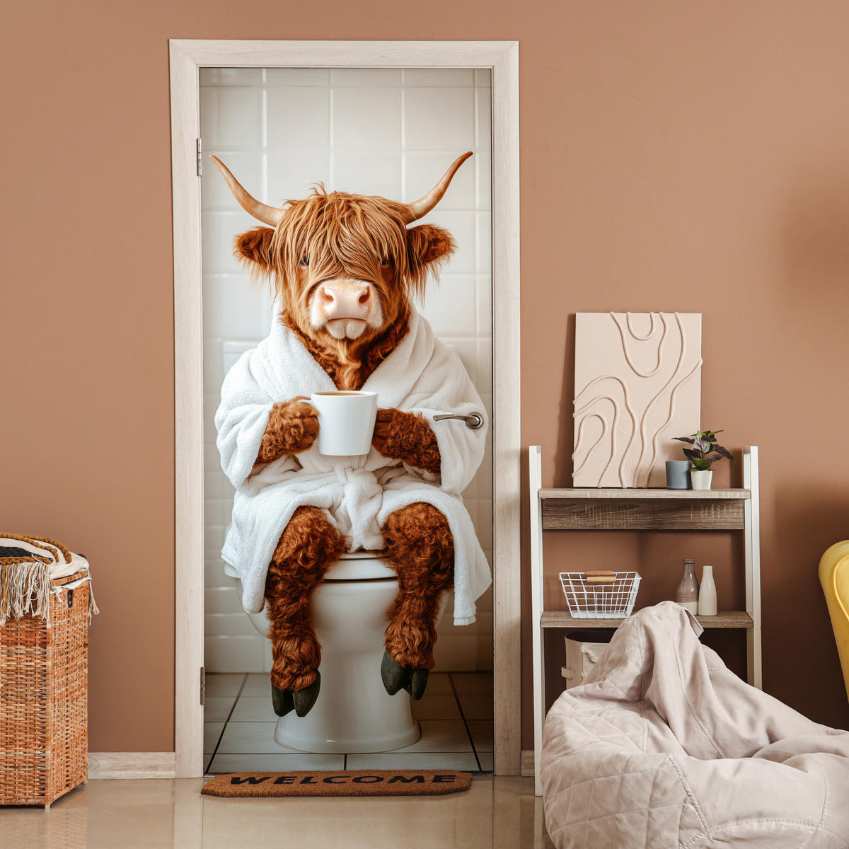 TÜRAUFKLEBER Selbstklebend - Schottisches Hochlandrind - WC - Bademantel - Modern - Tiere 95x215 cm - Türtapete - Kastanienfarben, Kunststoff (95/0.1cm) - MuchoWow