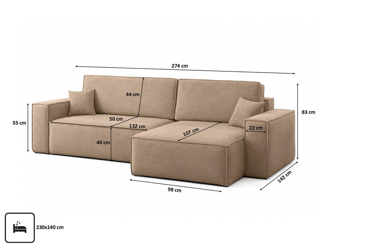 ECKSOFA L-Form Mit Schlaffunktion Und Bettkasten, Veloursstoff Bluvel, Latte, Rechts, BEST XL - Cappuccino, Holz (274/142cm) - Kaiser Möbel