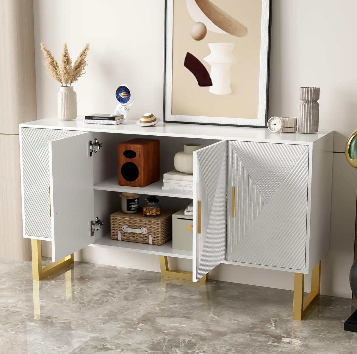SIDEBOARD 4-türig 150 x 40 x 82 cm Weiß mit verstellbaren Regalböden - Weiß, Holzwerkstoff (150/82/40cm) - Meubliv