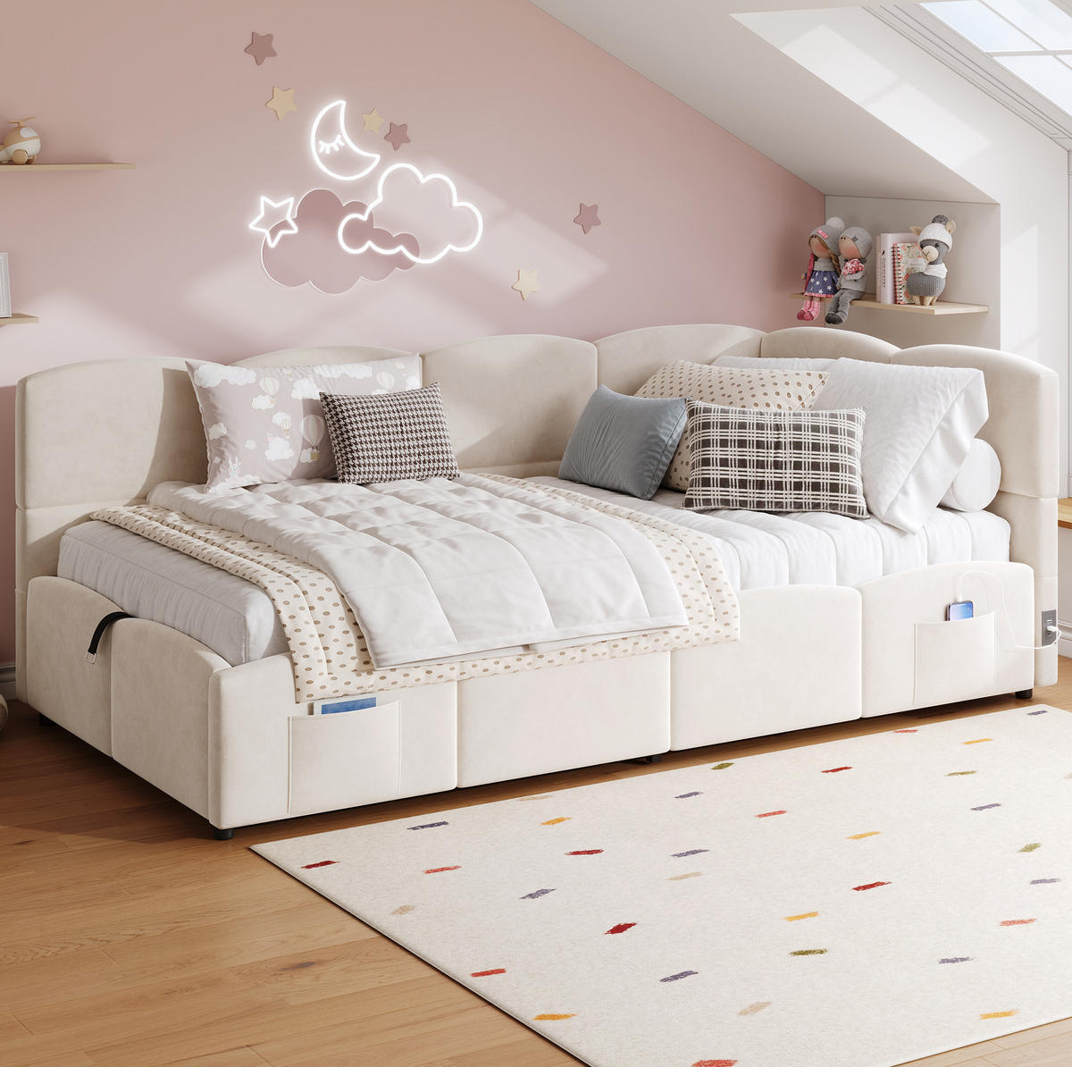POLSTERBETT 90/200 cm in Beige aus Samt mit Stauraum und USB- und Type-C-Anschlüssen - Beige, Textil (90/200cm) - Flora Grace