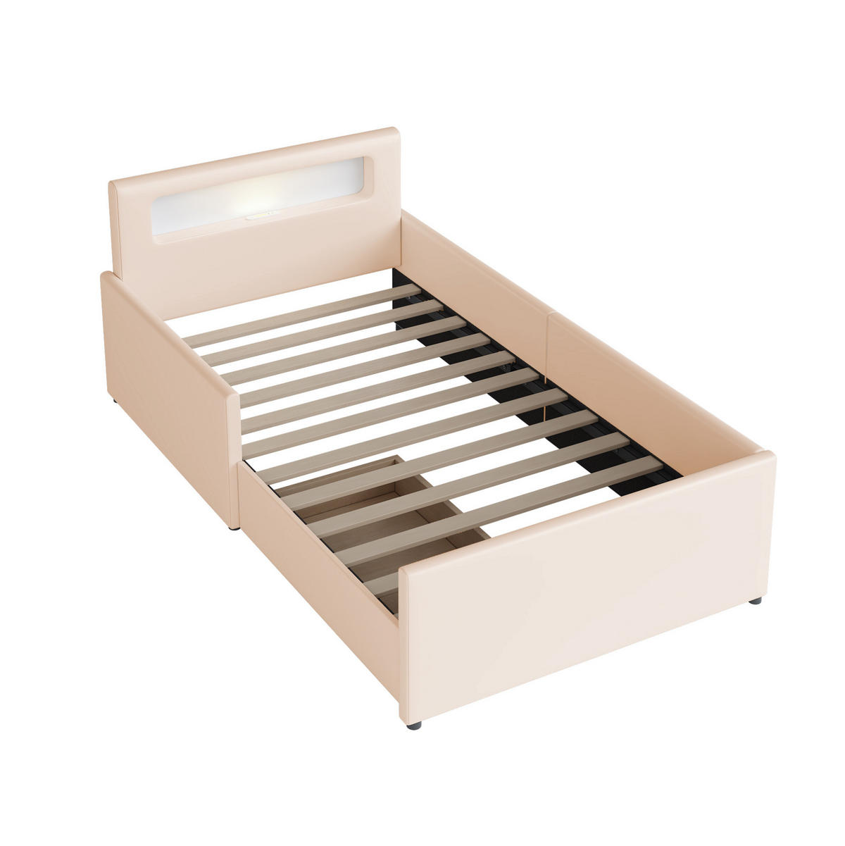 KINDERBETT 90/200 cm mit USB-Anschluss, Nachtlicht, Schubladen und erhöhten Seitenteilen, Kunstleder, Beige - Beige, Textil (90/200cm) - Redom